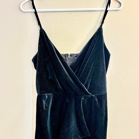 Dynamite Black Sparkly Velvet Midi Dress Faux Wrap Style Ruffle w Slit - Small - Picture 2 of 15